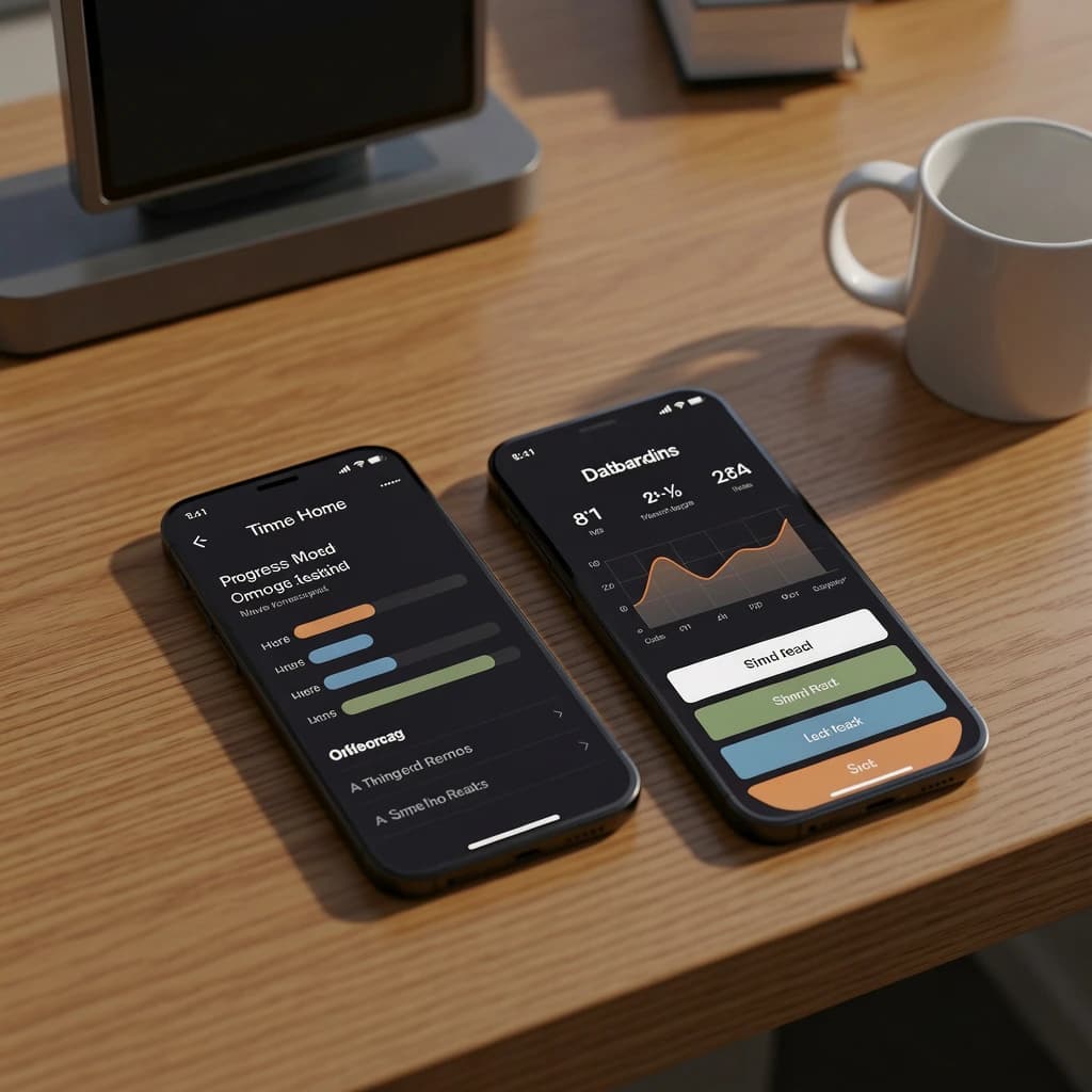 Sleek mobile fitness app screens on a desk: dark mode home, progress dashboard, simple onboarding, clear 8 pt grid, slightly oversized buttons for thumb reach, muted colors.