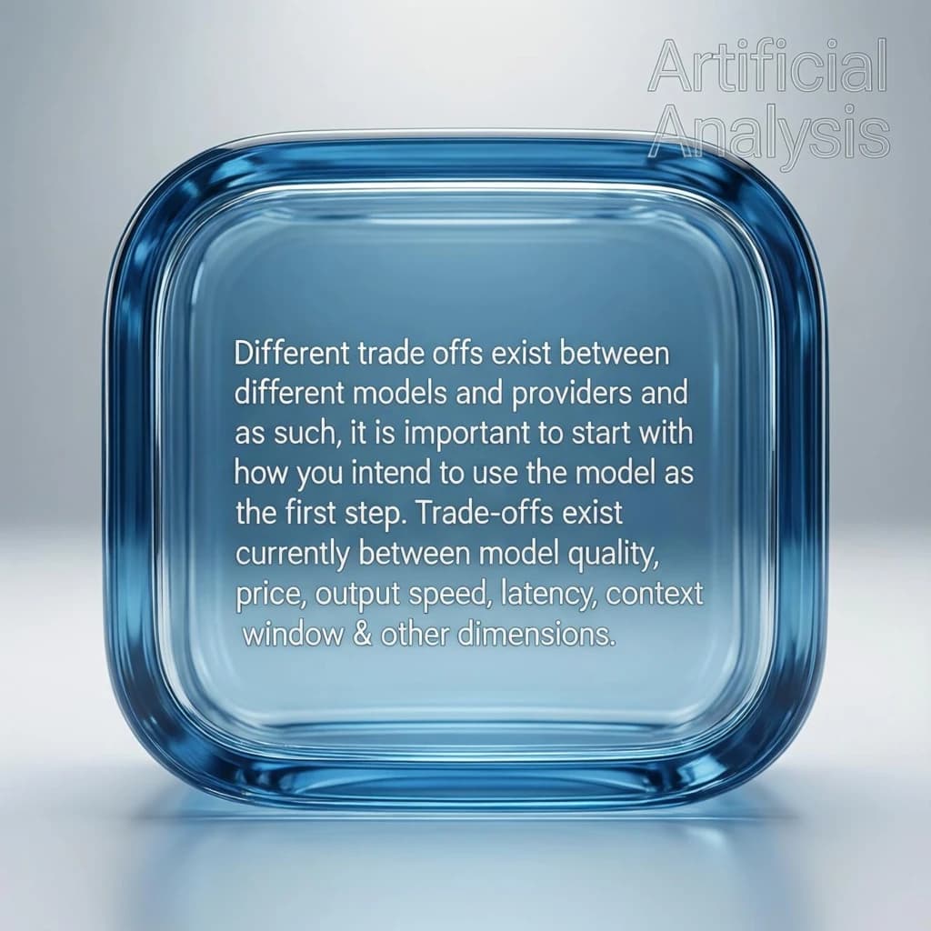 In a clear transparent blue glassy rounded box, etch "Different trade offs exist between different models and providers and as such, it is important to start with how you intend to use the model as the first step. Trade-offs exist currently between model quality, price, output speed, latency, context window & other dimensions. " in sans serif medium weight text. Artificial Analysis is watermarked over the top right 