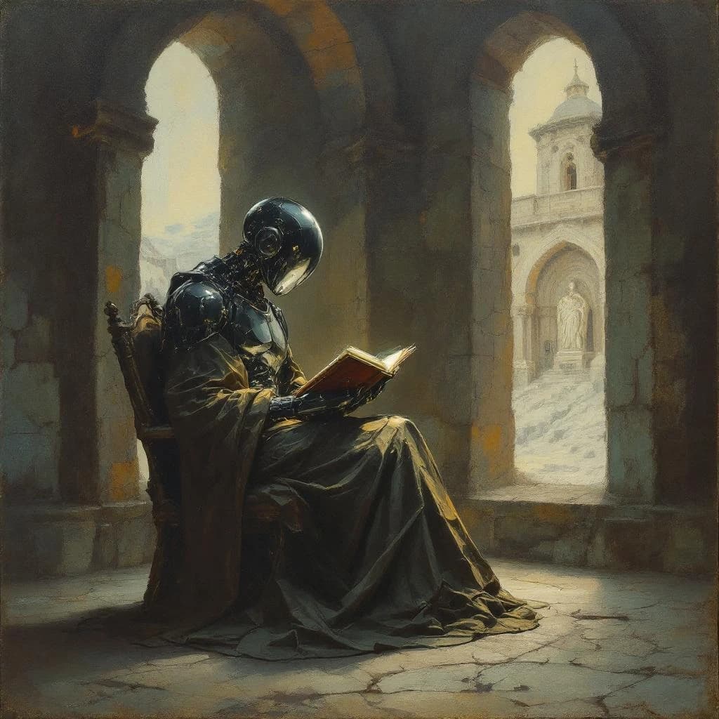 Oil painting of a chrome android reading in a stone chapel, a bit somber.
