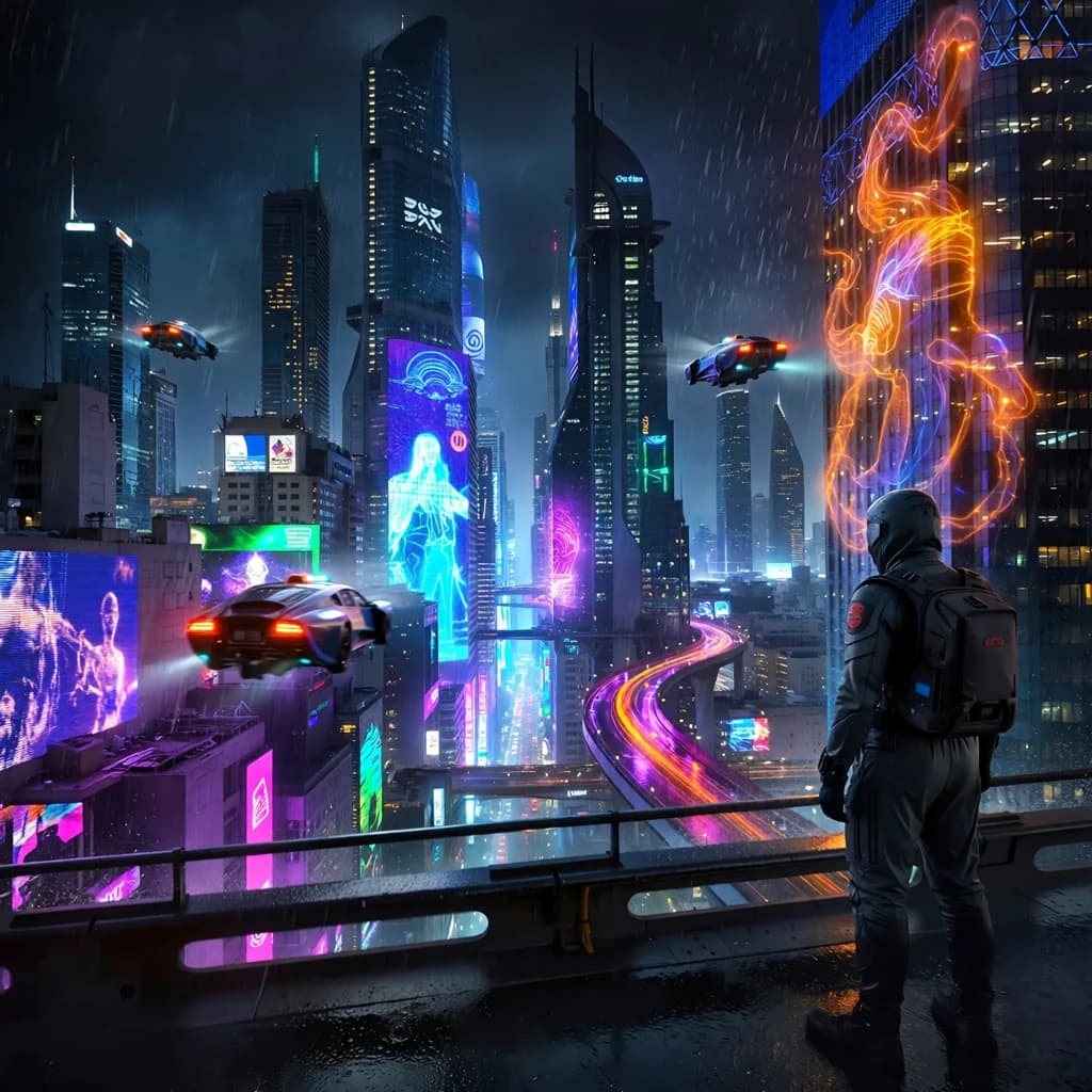 Rain-soaked neon megacity at night, flying taxis weave between glass towers, giant holograms flicker; a lone courier in a matte exosuit, somewhat cinematic wide angle.