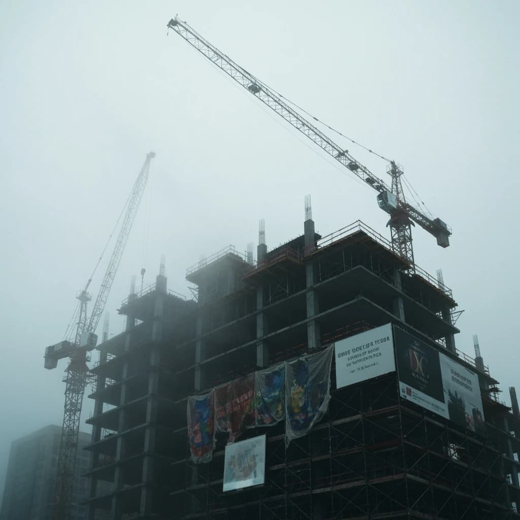 A construction site stretched upward into fog, cranes frozen in silhouette. Wind rattled scaffolding draped with torn mesh that glowed faintly from nearby billboards