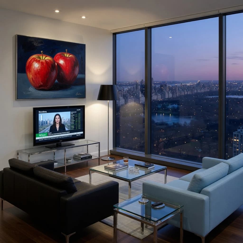 My apartment overlooks Central Park. It’s very luxurious, very expensive, and the furniture is minimal — a black leather couch, a glass coffee table with chrome legs, an Arne Jacobsen floor lamp. A big-screen television set rests on a steel shelving unit. A David Onica painting hangs above the couch. There’s a stainless steel and glass cocktail table. A powder-blue sofa. A thirty-inch digital TV.