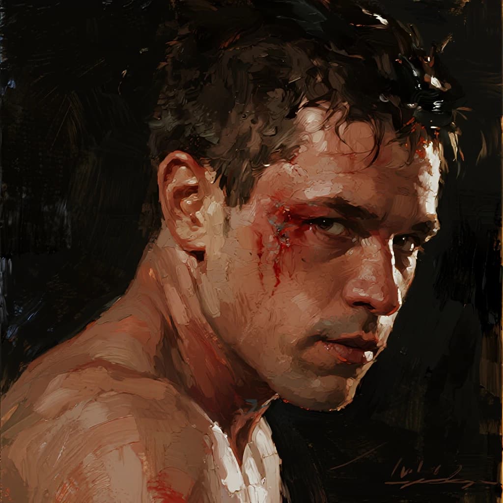 Paint a bruised boxer smiling, serious expression.