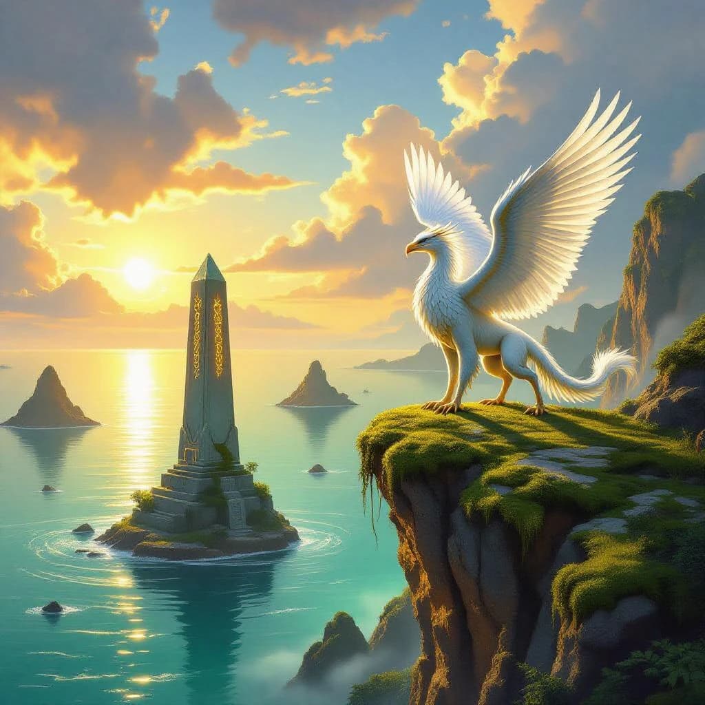 At dawn, a winged griffin lands on a mossy cliff above a jade sea beside a runed obelisk; floating isles drift under golden sunbeams, with a bit of sea spray and glowing runes.