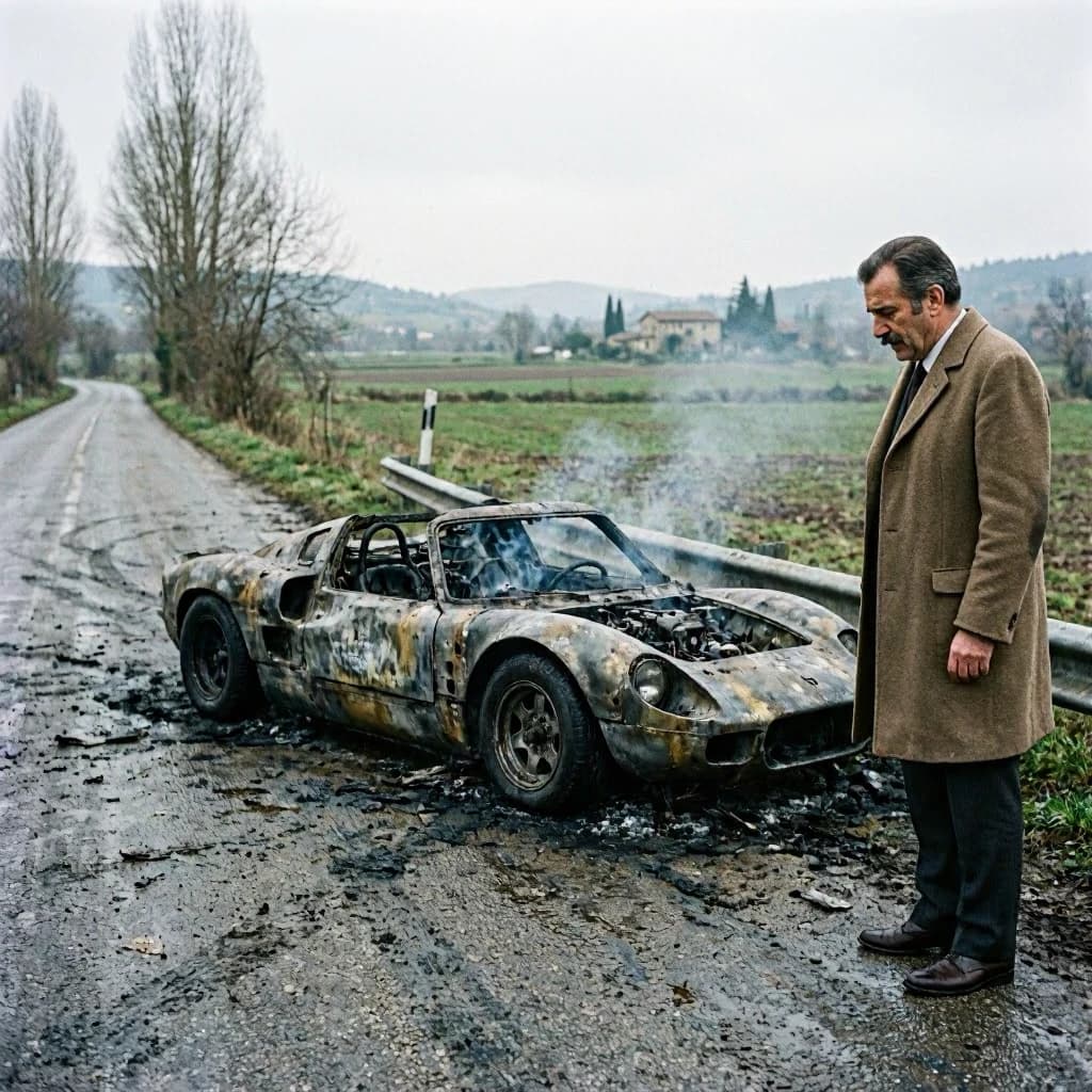 Mario examines the still smouldering wreck of the crash that took his best driver on the side of the country road. He designed this car and caused this. 3 days have passed since the crash. It's 1973 in Northern Italy.