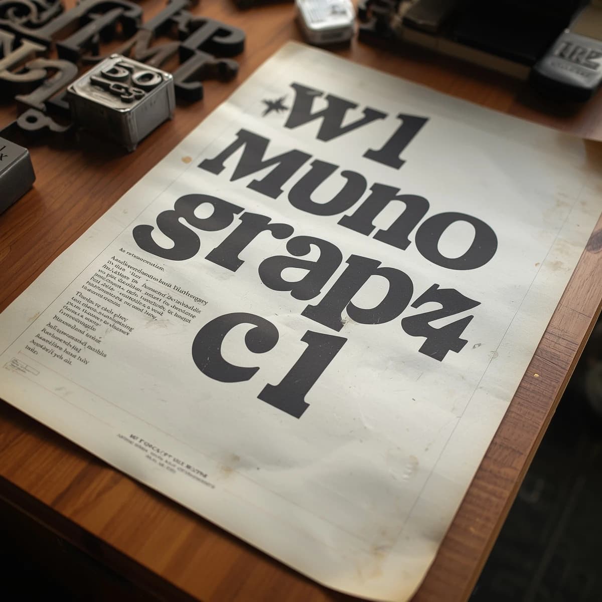 A vintage letterpress poster on a wooden desk: bold slab serif headline, tight kerning, misregistered ink, slightly worn edges, scattered metal type, soft window light.