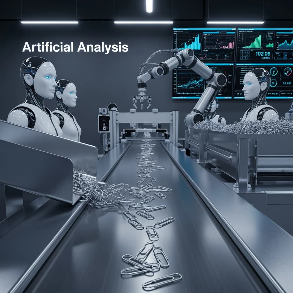 Close up point of view perspective on a conveyor belt pumping out paperclips at a maddening pace. The high tech factory has Artificial Analysis printed proudly on the wall. Robot staff look approvingly over the robust output.