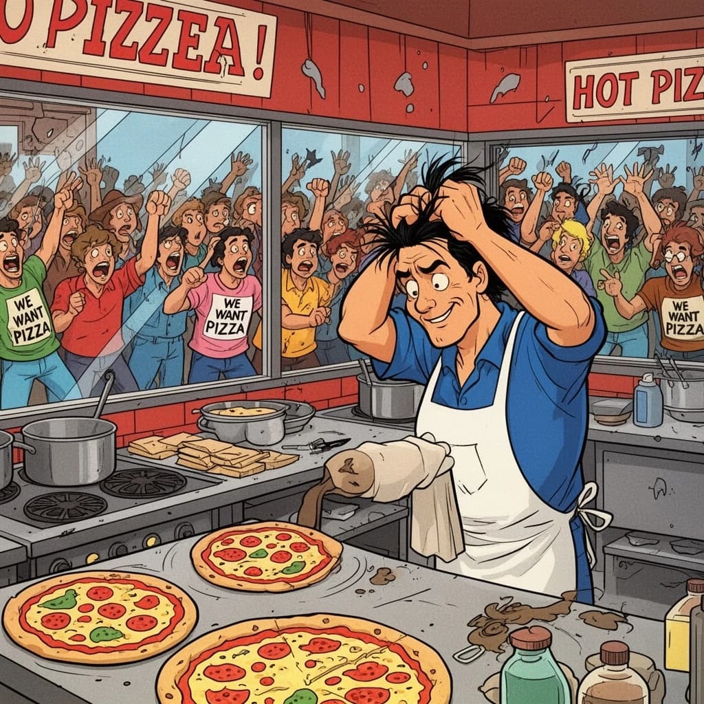 Pasquale is pulling his few remaining hairs out over a disaster at the pizzeria - the cooks are working as fast as they can but the crowds outside are swelling and they demand hot hot pizza! They are banging on the glass and some are wearing "we want pizza" shirts. 1980s western TV animation style.
