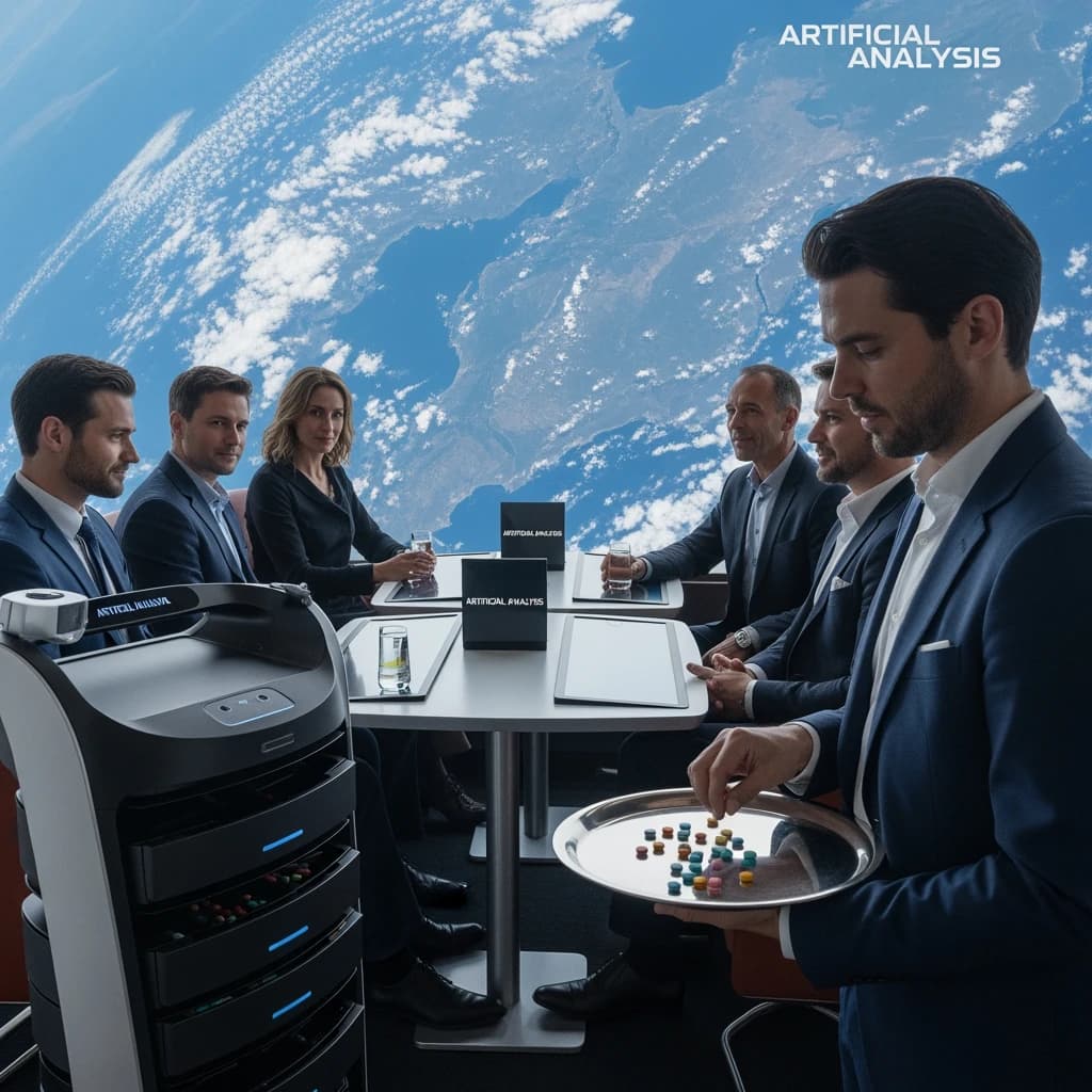 The orbital lounge has brushed aluminum walls and pale leather banquettes. Low white tables are inset with glowing touchscreens. Drinks are clear, flavorless, in tall unmarked glasses. The viewport is floor-to-ceiling, showing Earth moving slowly beneath. The word Artificial Analysis is etched discreetly on the glass in a frosted band.