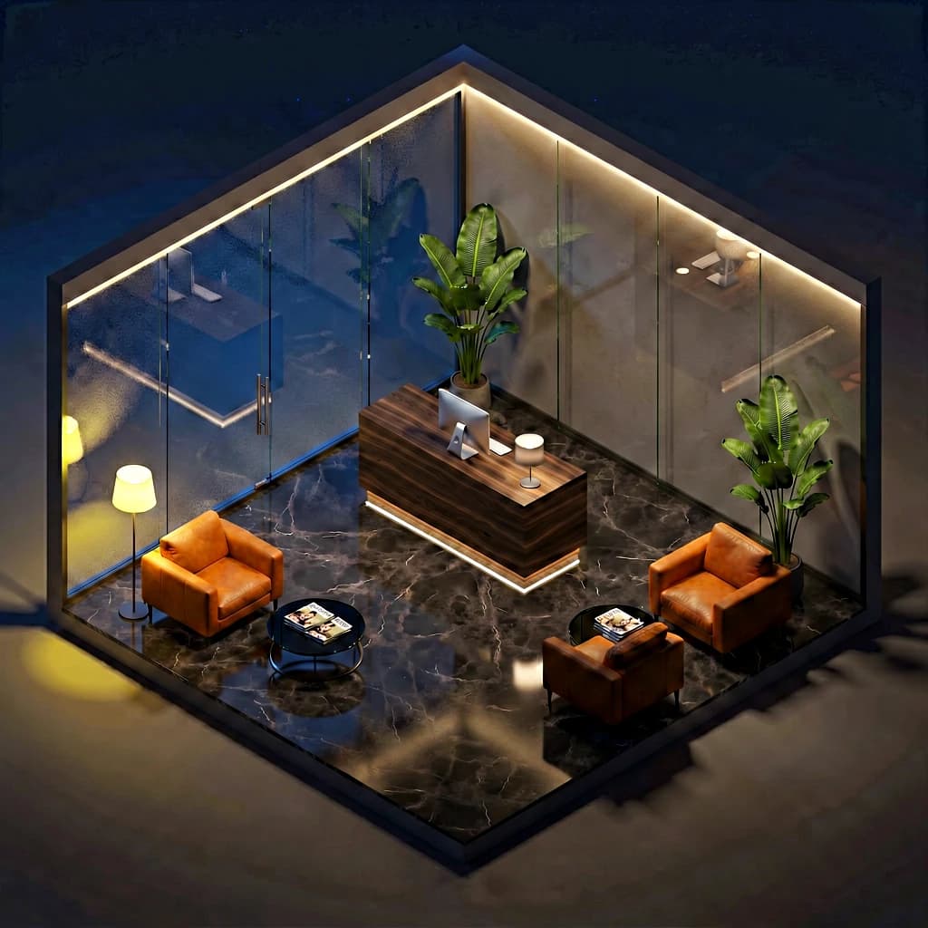 Isometric 3D lobby, glass walls, warm lights, slightly moody, soft shadows.