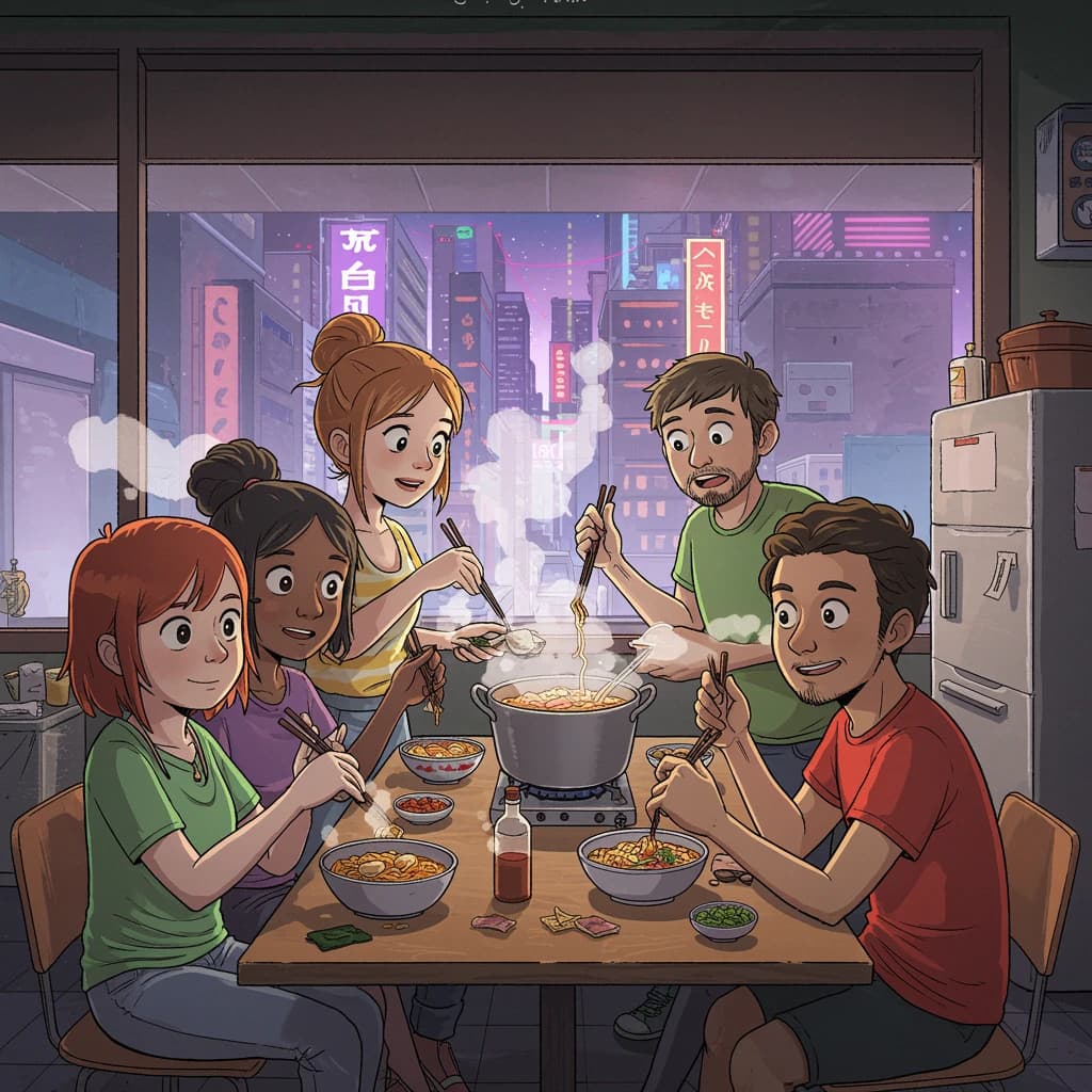 Club friends cooking ramen, steam rising, cel-shaded, city kitchen, big eyes.