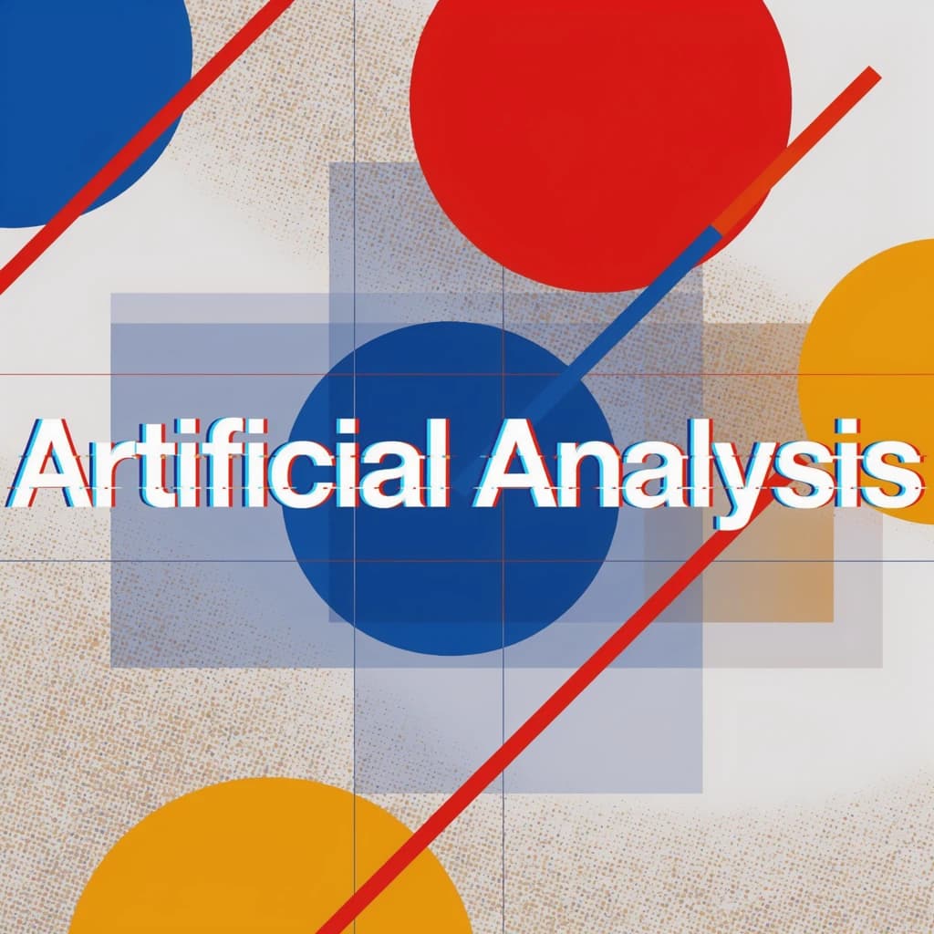 A bold poster composition dominated by flat geometric shapes in crimson, cobalt, and ochre. Overlapping circles and sharp diagonal lines create dynamic tension across the frame. A single sans-serif word — Artificial Analysis — stretches across the center in stark white, distorted slightly as though caught mid-glitch. The background is textured with halftone dots and faint grid lines, while subtle overlays of translucent rectangles suggest depth. Designed in the spirit of modernist Swiss typography fused with digital glitch aesthetics.