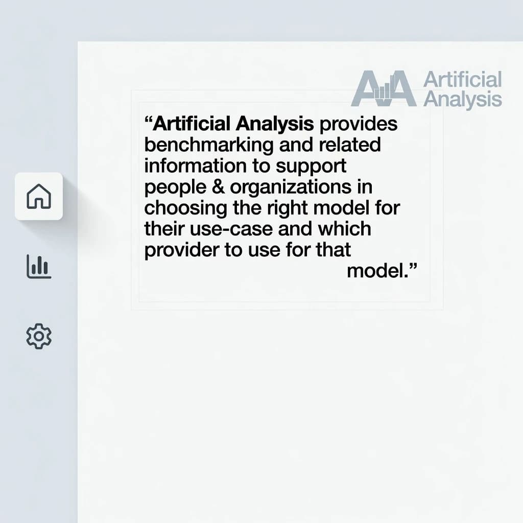 On a high-resolution dashboard mockup with a clean white background, display a centered text module in Helvetica Neue Regular, 18pt, black: “Artificial Analysis provides benchmarking and related information to support people & organizations in choosing the right model for their use-case and which provider to use for that model.” The text box is justified, but the final word wraps awkwardly onto its own line. To the left, a vertical navigation bar in light gray with three icons - home, chart, and settings - aligned evenly but casting misaligned shadows. In the upper right, the Artificial Analysis logo appears faintly, semi-transparent, watermarked over the corner of the interface.