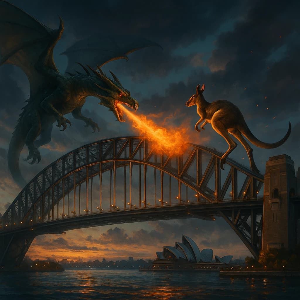 A dragon breathes fire at a kangaroo that is running away by climbing over the top of the Sydney Harbour Bridge. Opera House visible in the background.