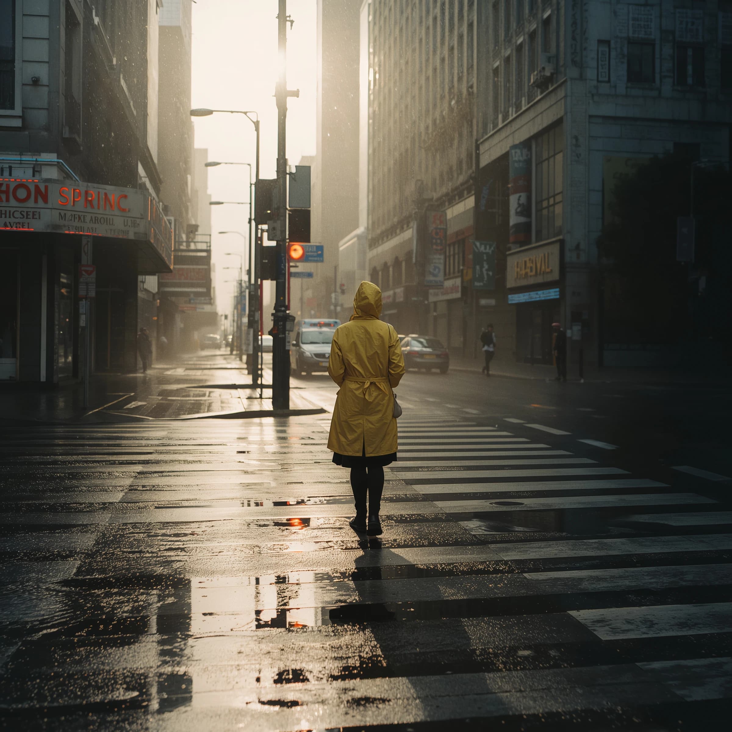 A sunlit city street after rain; puddles mirror neon signs as a woman in a yellow raincoat waits at a crosswalk, soft mist, 50mm look, natural tones, a bit of film grain.