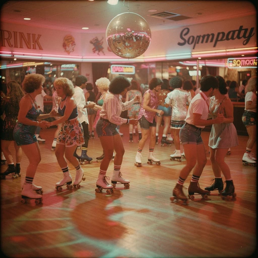 A 1970s roller rink crowd skates under neon, with a bit of fade and film grain.