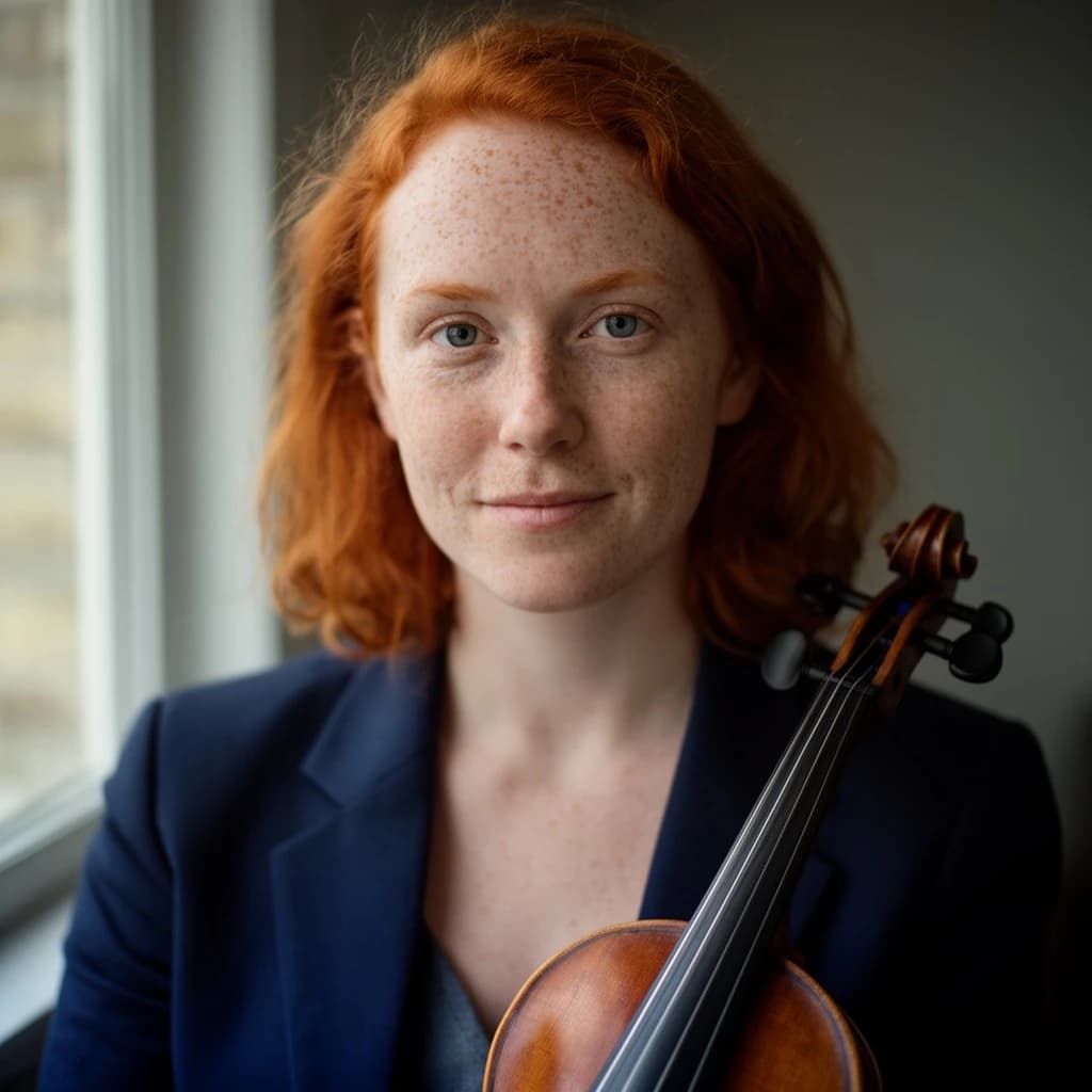 Capture a head-and-shoulders portrait of a freckled red-haired violinist in a navy blazer, soft window light, 85mm at f/1.8, gently smiling yet serious eyes, muted tones.