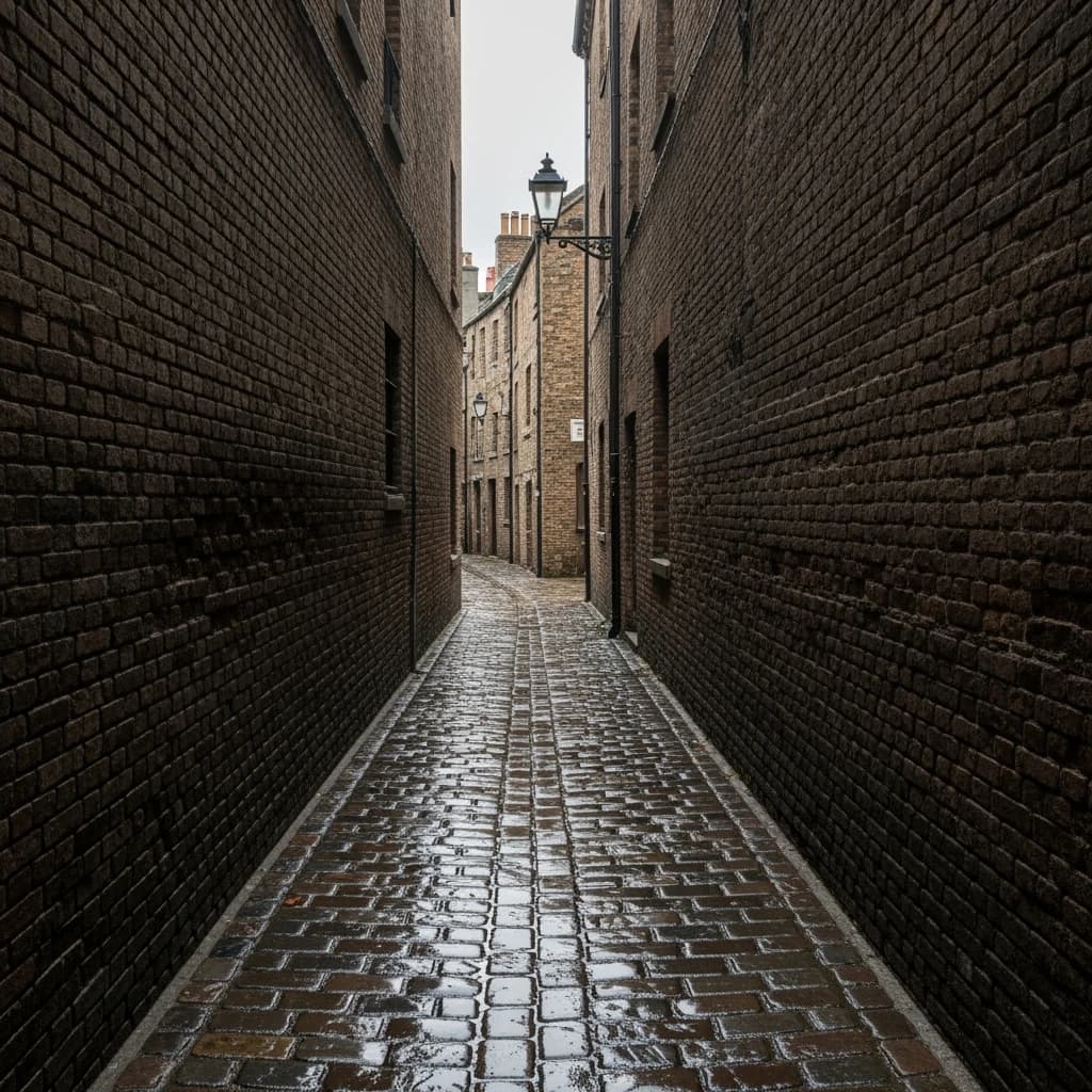 Show a narrow brick alley with wet cobblestones.