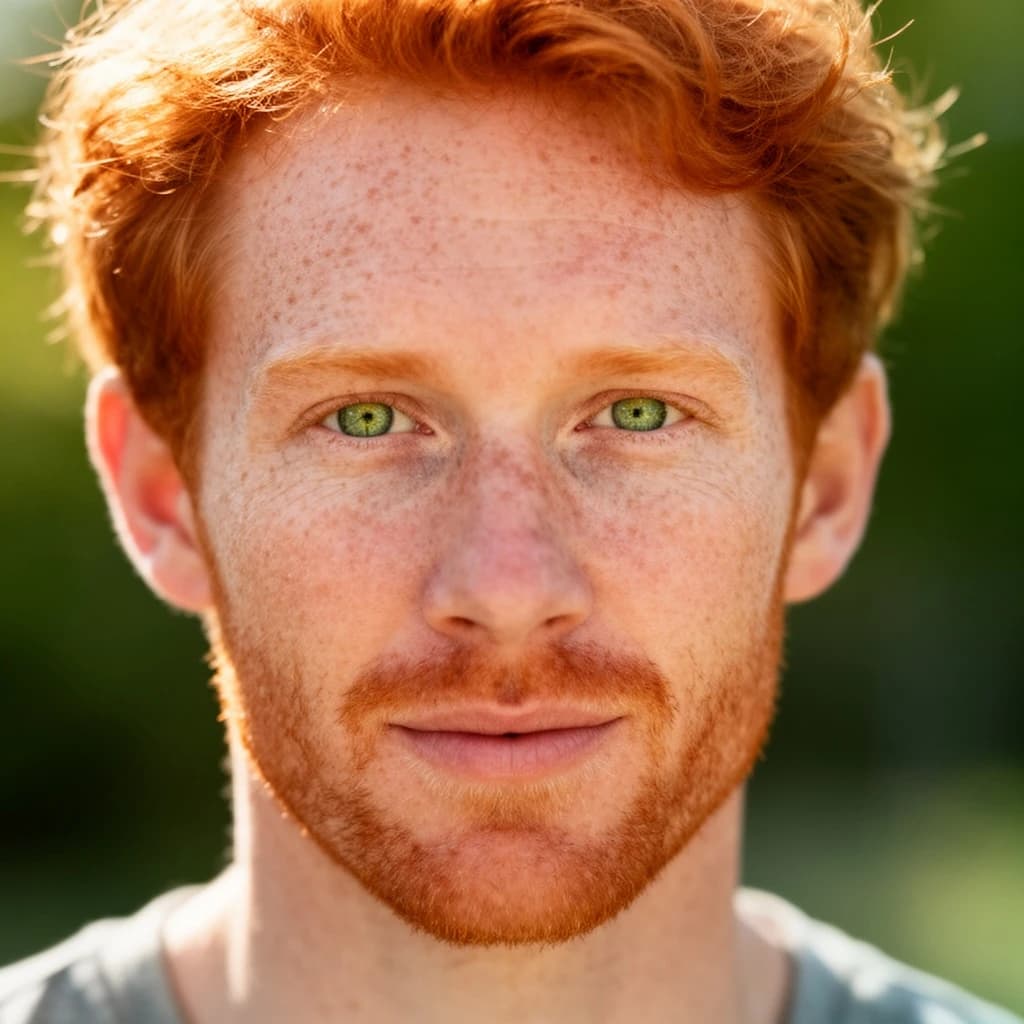 Shoot a natural light headshot of a red-haired man with freckles, green eyes.