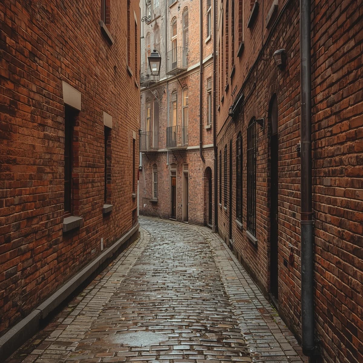 Show a narrow brick alley with wet cobblestones.