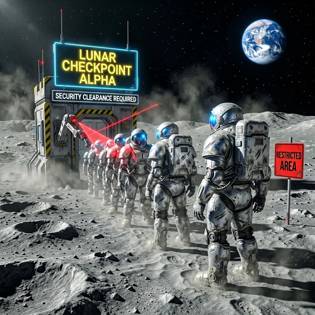 Silver exosuits queue at a dusty lunar checkpoint.