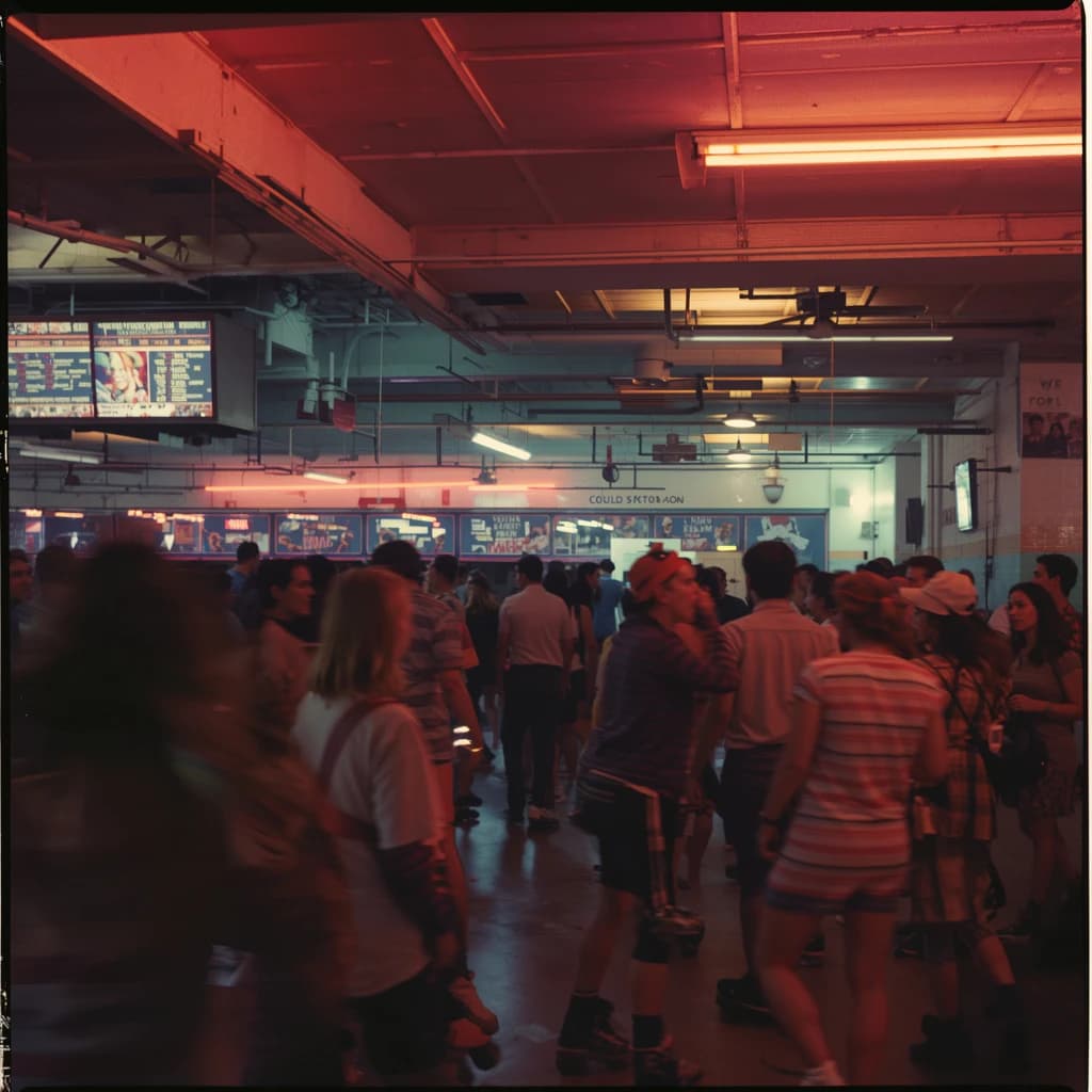 A 1970s roller rink crowd skates under neon, with a bit of fade and film grain.