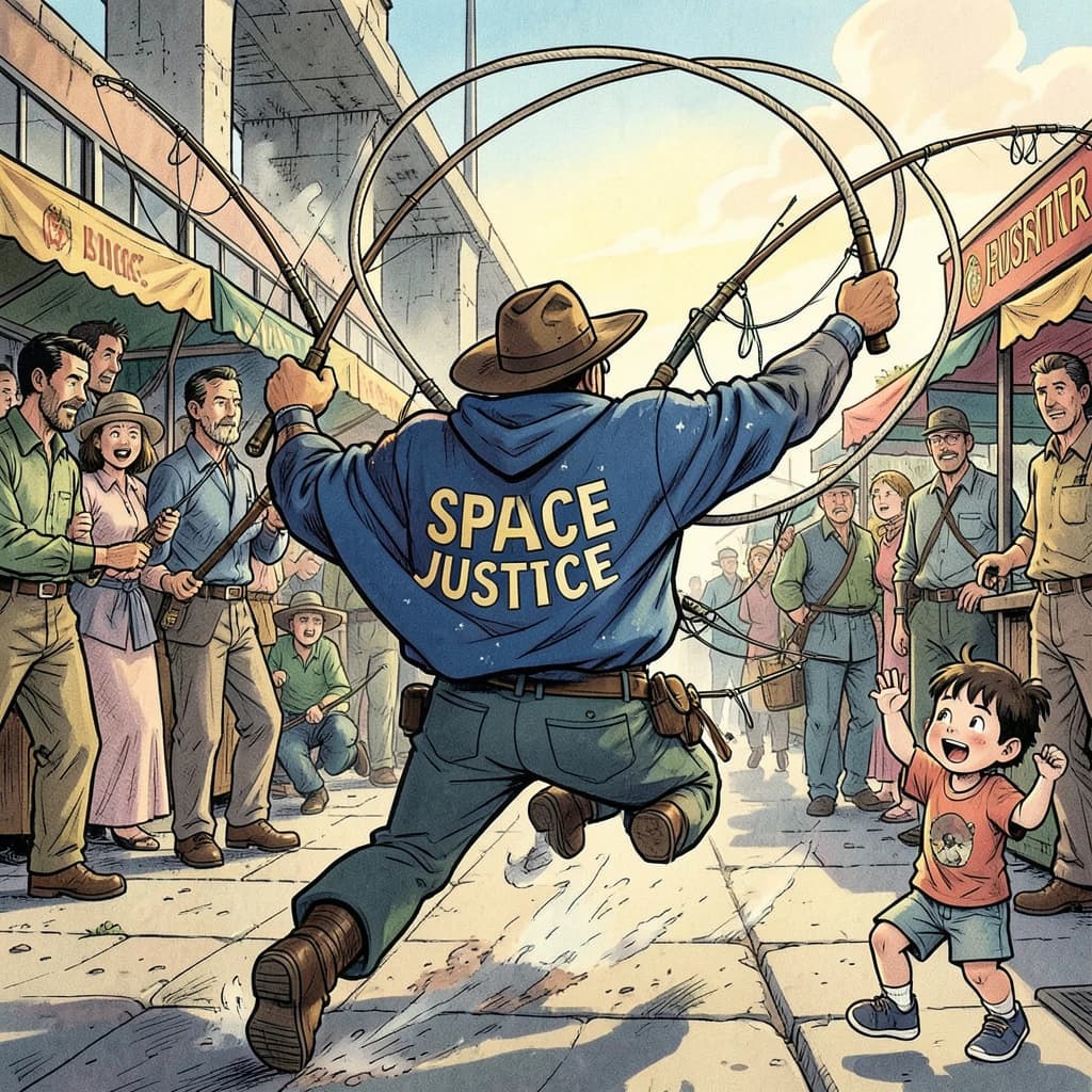 The space cowboy chases the deranged fisherman underneath the causeway, eager to collect on his bounty. Fishing rods and lines hang off the back off the fishermen as he darts between the bustling market crowd. We see the back of the space cowboy in his space poncho emblazoned with the words SPACE JUSTICE, spinning his lasso over his head. A child on the sidelines excitedly cheers the cowboy. 1990s hand drawn anime style with strong fluidity