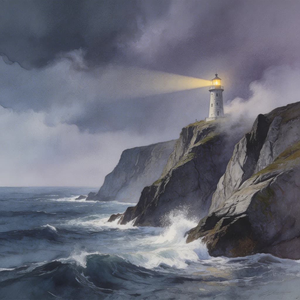 Please paint a watercolor of stormy cliffs and a lighthouse, moody sky.