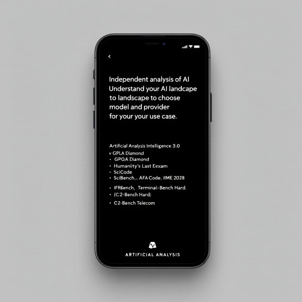On a black smartphone UI with rounded corners, display a centered text block in white San Francisco font, 16pt: “Independent analysis of AI - Understand the AI landscape to choose the best model and provider for your use case.” Below, in neon cyan, monospace font, smaller size: “Artificial Analysis Intelligence Index v3.0 incorporates 10 evaluations: MMLU-Pro, GPQA Diamond, Humanity's Last Exam, LiveCodeBench, SciCode, AIME 2025, IFBench, AA-LCR, Terminal-Bench Hard, 𝜏²-Bench Telecom.” The second block scrolls horizontally as a ticker. The battery icon in the status bar shows 54%. The Artificial Analysis logo appears faintly, embossed into the bottom navigation bar.