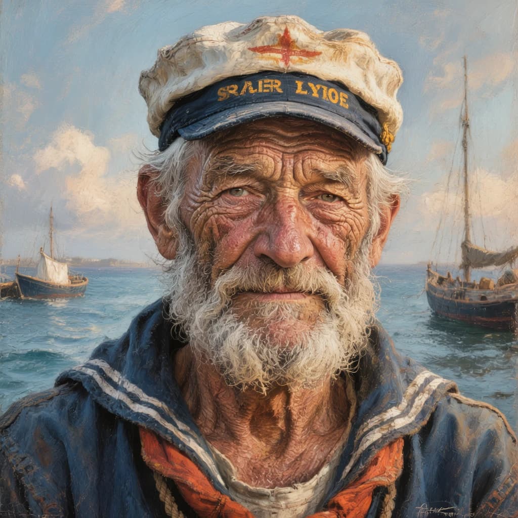Oil on canvas portrait of an elderly sailor, weathered face, soft light.