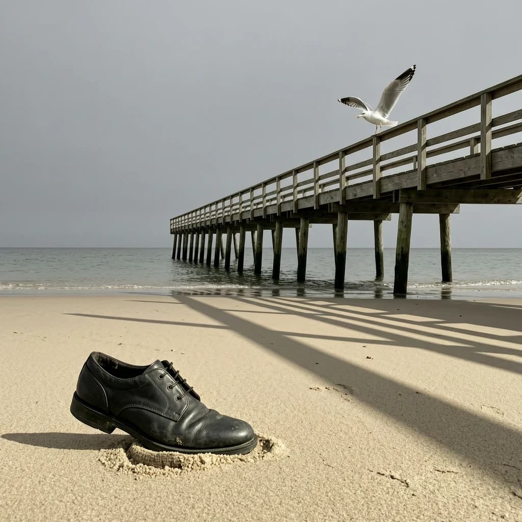 The beach is flat, sand beige, granular, no shells, except for a single left shoe, black leather, size eleven, half buried at an angle. The pier extends straight into the water, wood untreated, grain visible, though the support posts vanish before they touch the surface. The sky is uniformly gray, no clouds, yet shadows stretch at sharp diagonals. A single gull sits on the railing, wings outstretched, frozen mid-flap, no movement.