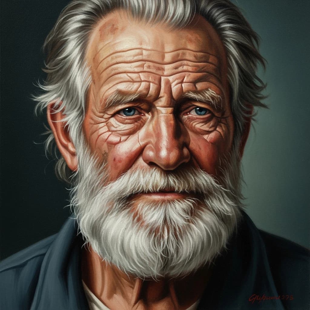 Oil on canvas portrait of an elderly sailor, weathered face, soft light.