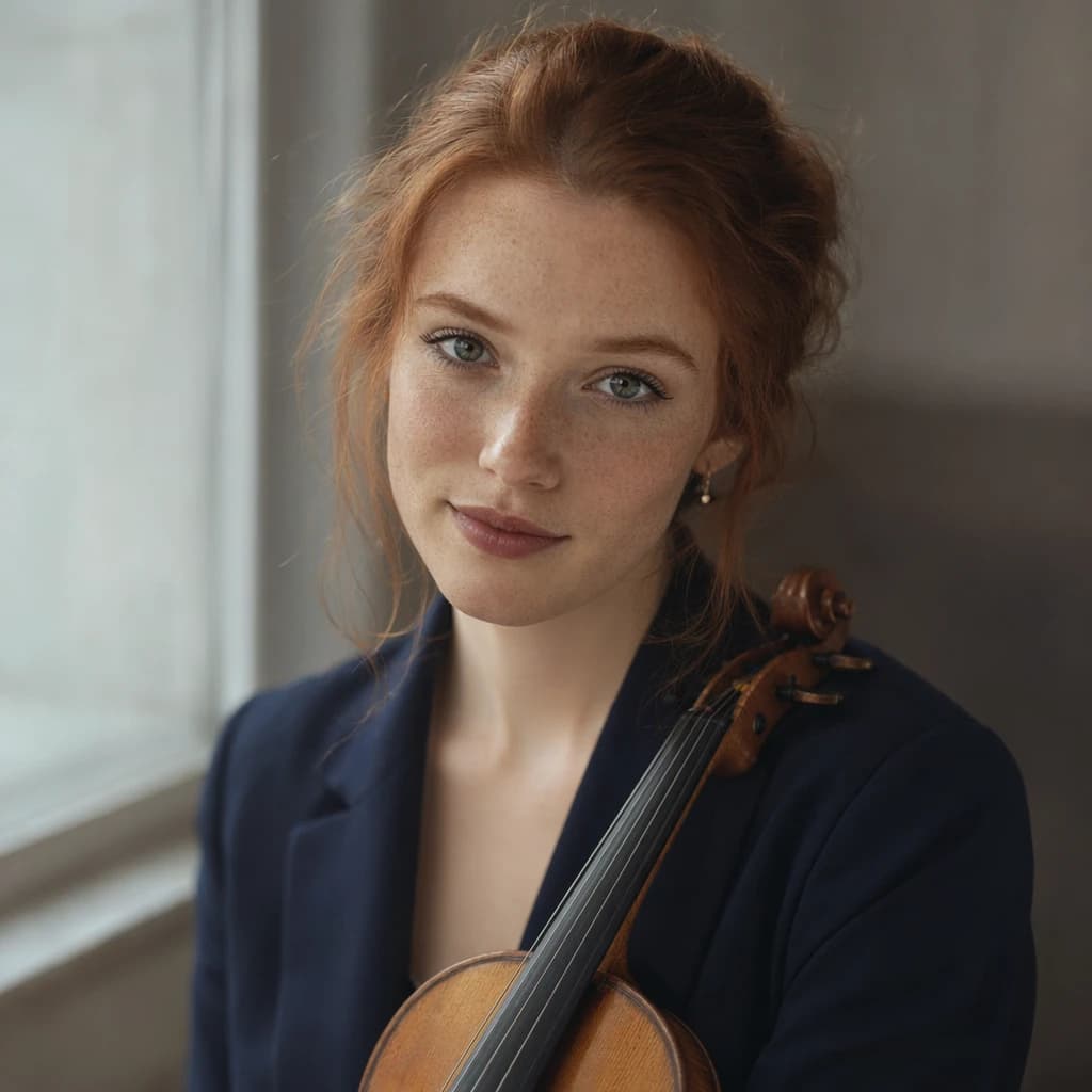 Capture a head-and-shoulders portrait of a freckled red-haired violinist in a navy blazer, soft window light, 85mm at f/1.8, gently smiling yet serious eyes, muted tones.