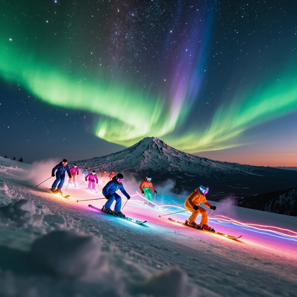 Coronet Peak Night Skiing: Skiers in colorful LED suits carve their way down the slopes of New Zealand's Coronet Peak under the Aurora Borealis, the skiers' light trails visible behind them