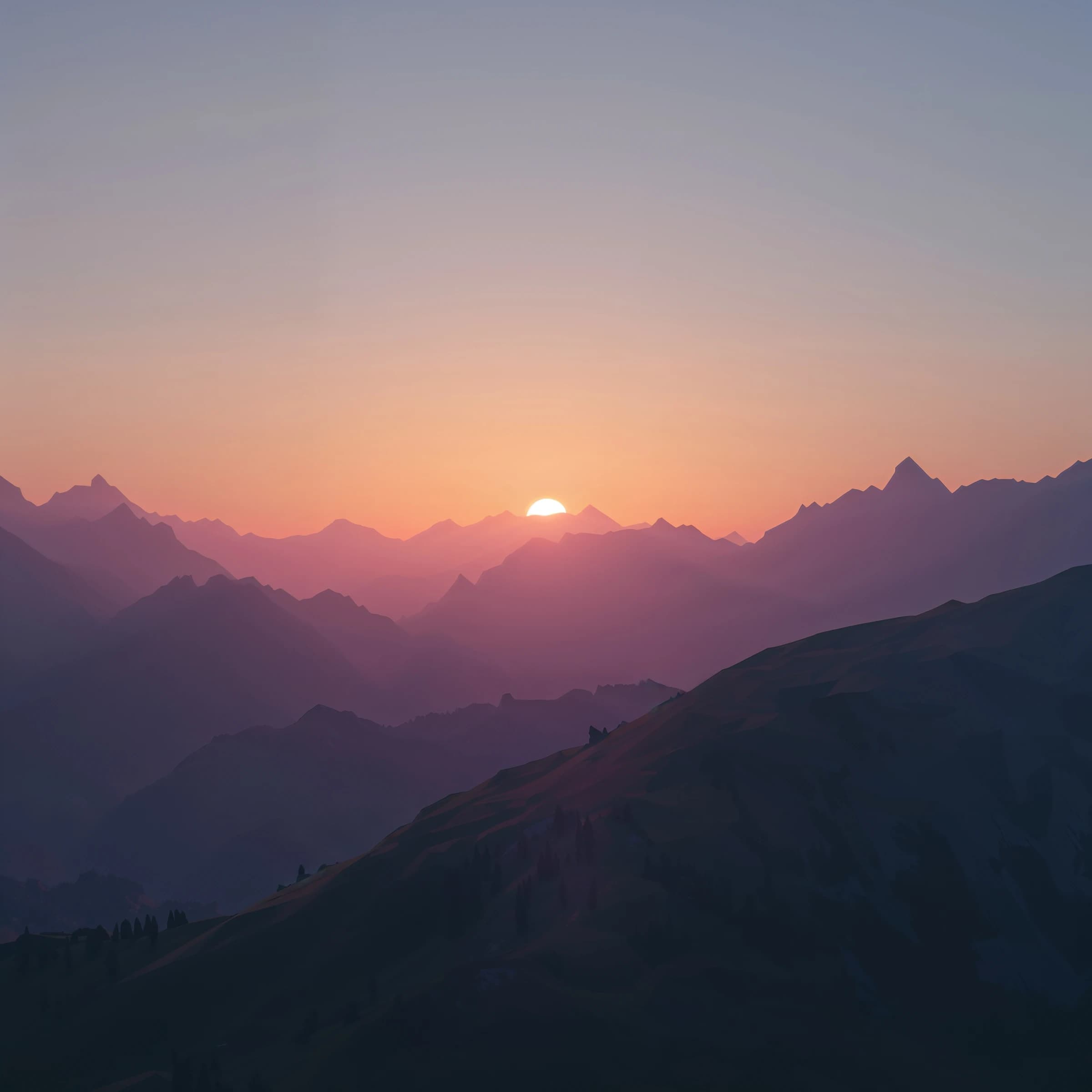 Render a low-poly alpine valley at sunset, clean gradients, long shadows.
