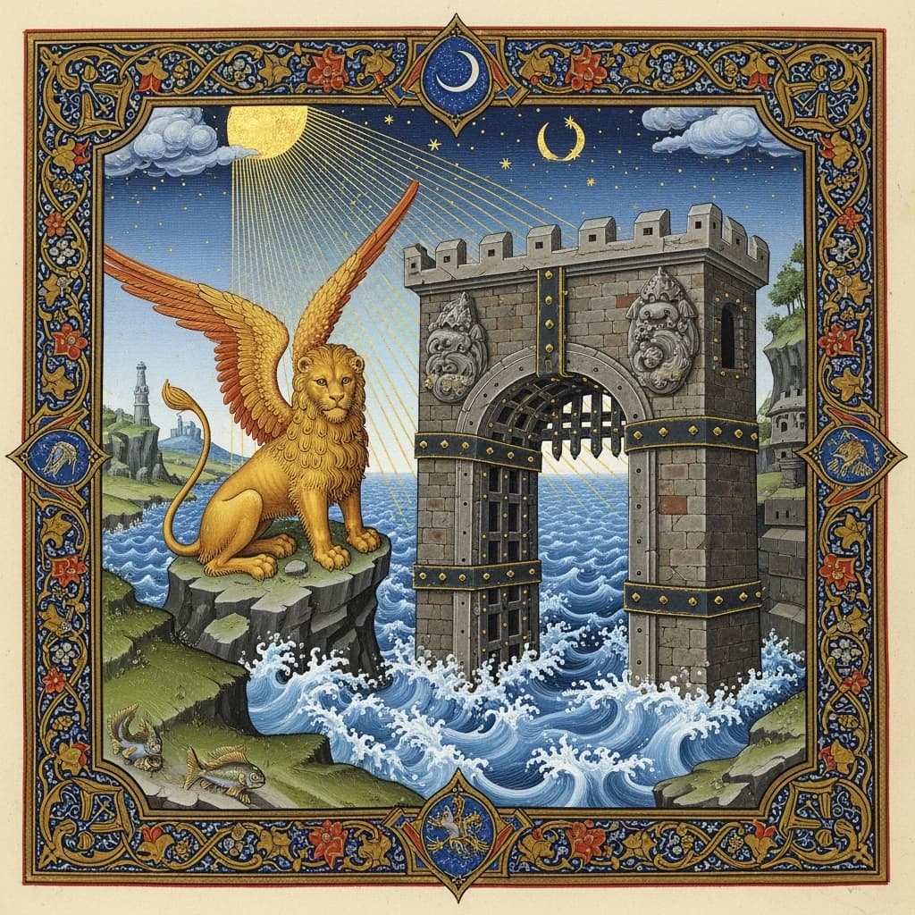 Paint an illuminated manuscript scene of a winged lion guarding a sea gate.