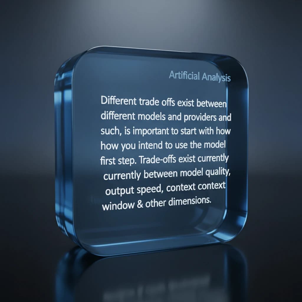 In a clear transparent blue glassy rounded box, etch "Different trade offs exist between different models and providers and as such, it is important to start with how you intend to use the model as the first step. Trade-offs exist currently between model quality, price, output speed, latency, context window & other dimensions. " in sans serif medium weight text. Artificial Analysis is watermarked over the top right 