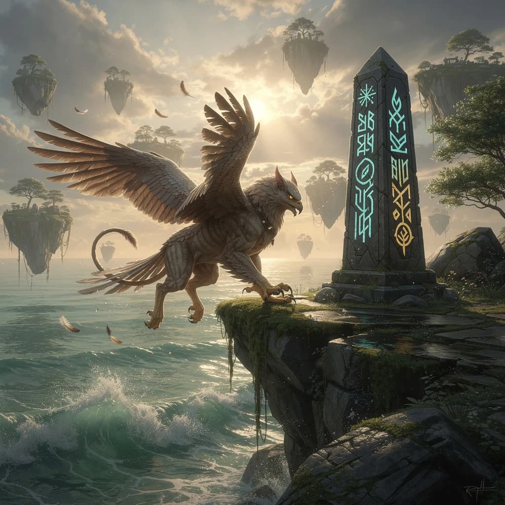 At dawn, a winged griffin lands on a mossy cliff above a jade sea beside a runed obelisk; floating isles drift under golden sunbeams, with a bit of sea spray and glowing runes.