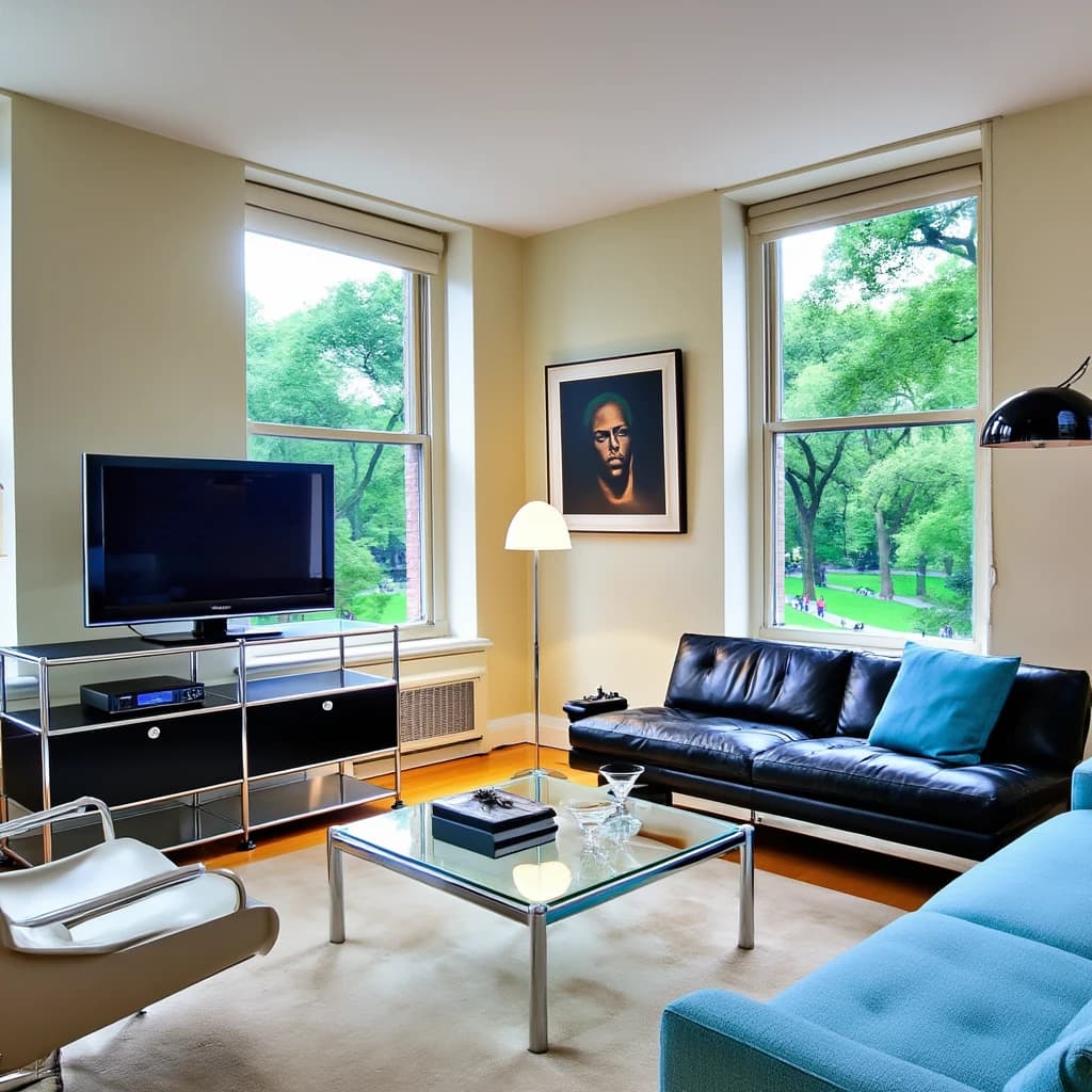My apartment overlooks Central Park. It’s very luxurious, very expensive, and the furniture is minimal — a black leather couch, a glass coffee table with chrome legs, an Arne Jacobsen floor lamp. A big-screen television set rests on a steel shelving unit. A David Onica painting hangs above the couch. There’s a stainless steel and glass cocktail table. A powder-blue sofa. A thirty-inch digital TV.