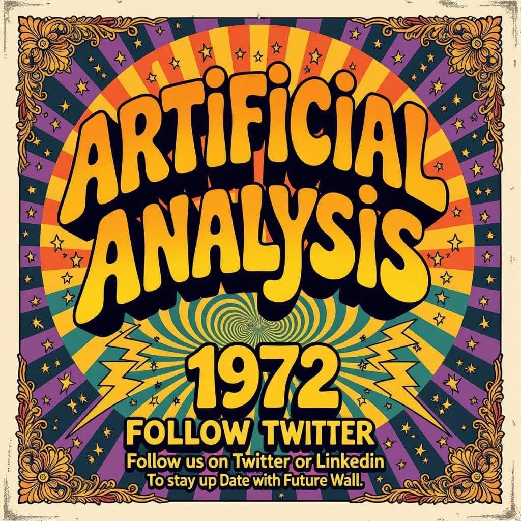 A portrait layout psychedelic concert poster from 1972 bathed in saturated oranges, deep purples, and acid greens. Swirling, hand-drawn typography arcs across the top, spelling out Artificial Analysis in bold, distorted letters that melt into spirals. Surrounded by radiating concentric circles and lightning-bolt motifs. The background is textured with halftone dots and faded paper creases, evoking a well-worn poster taped to a brick wall. Ornate floral borders frame the design, while the bottom features blocky retro lettering listing “Follow us on Twitter or LinkedIn to stay up to date with future analysis” in smaller text. 