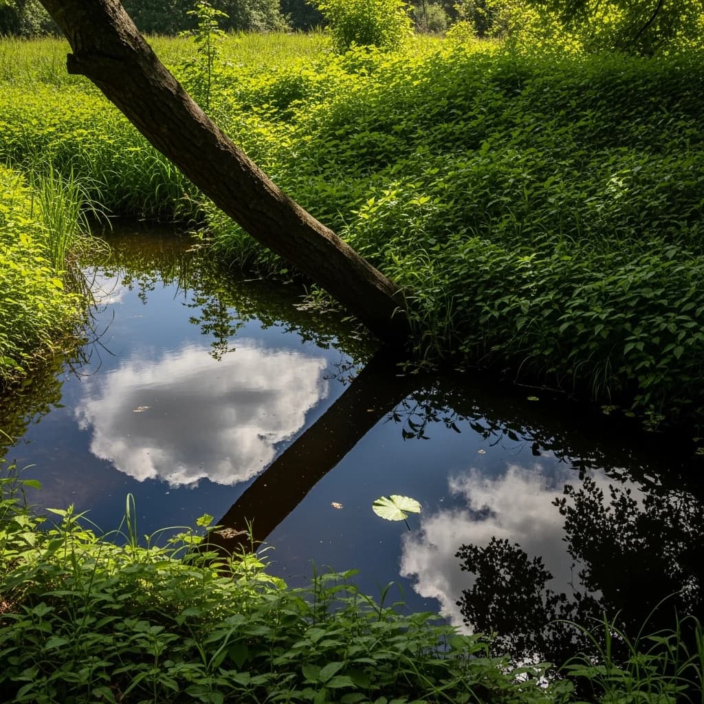 The forest is saturated green, trees identical in height and width, trunks straight, bark texture repeating. One trunk leans diagonally yet the branches remain vertical. The moss is emerald, glistening, though each patch forms identical diamond shapes. A stream runs straight, perfectly linear, water clear, reflecting clouds not visible in the sky. No animals, no insects, but one leaf floats on the water, doubled, showing two overlapping shadows.