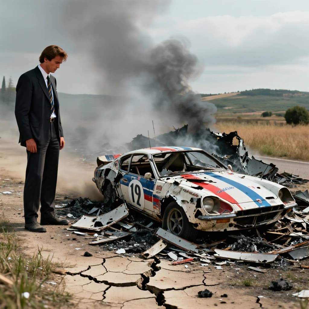 Mario examines the still smouldering wreck of the crash that took his best driver on the side of the country road. He designed this car and caused this. 3 days have passed since the crash. It's 1973 in Northern Italy.
