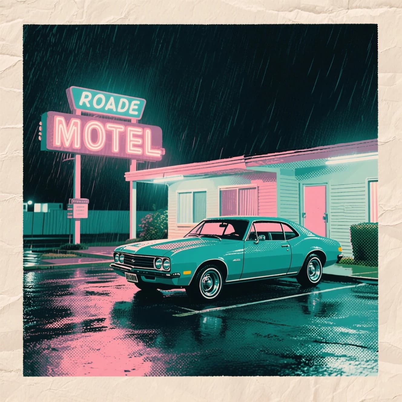 Show an old roadside motel under neon at midnight, rain on asphalt, a teal classic coupe parked; a bit of film grain, slightly faded pastels, halftone print, paper texture.