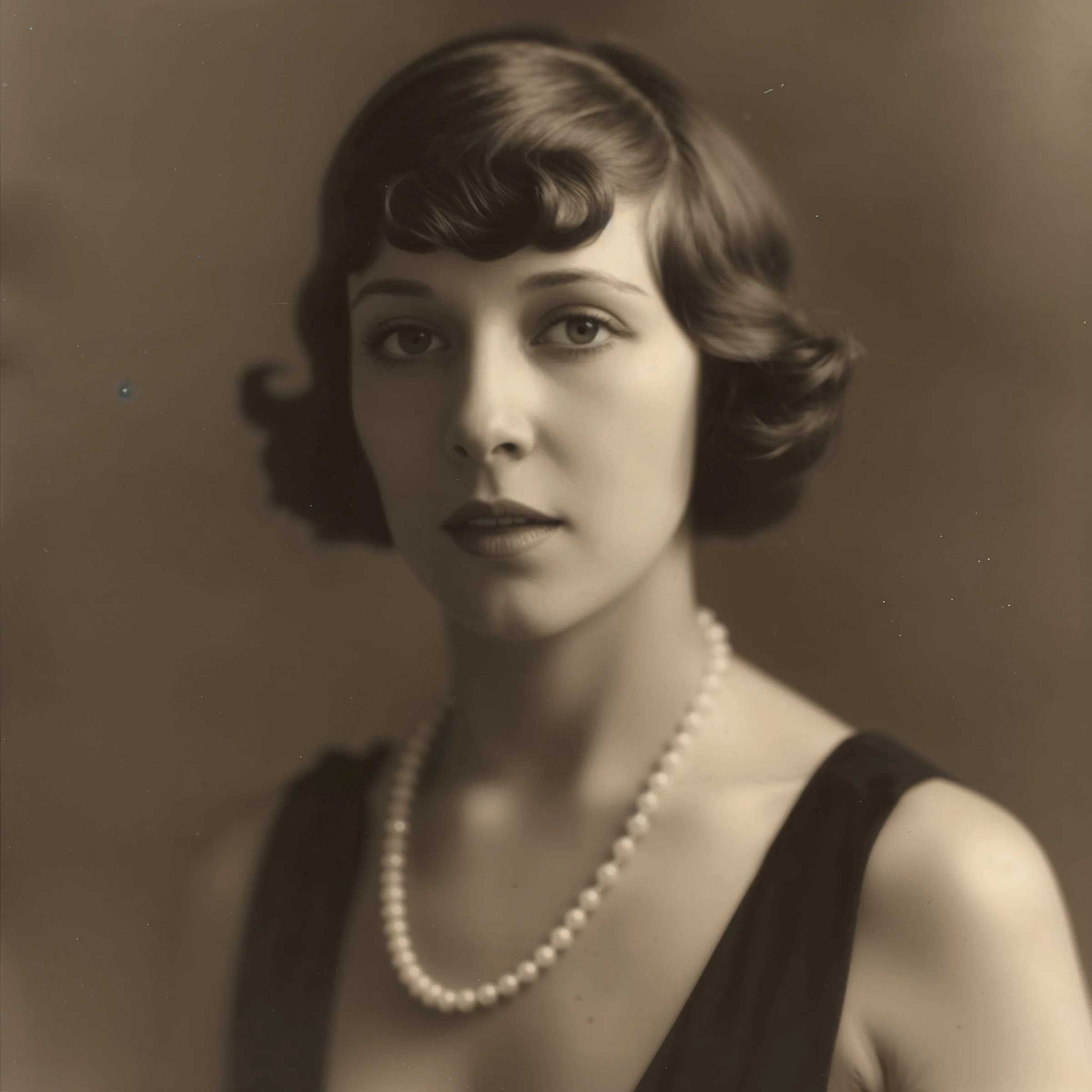 Sepia-toned studio portrait of a flapper with pearl necklace, soft grain.
