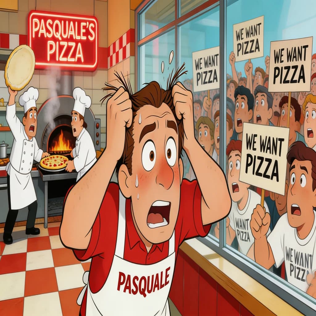 Pasquale is pulling his few remaining hairs out over a disaster at the pizzeria - the cooks are working as fast as they can but the crowds outside are swelling and they demand hot hot pizza! They are banging on the glass and some are wearing "we want pizza" shirts. 1980s western TV animation style.