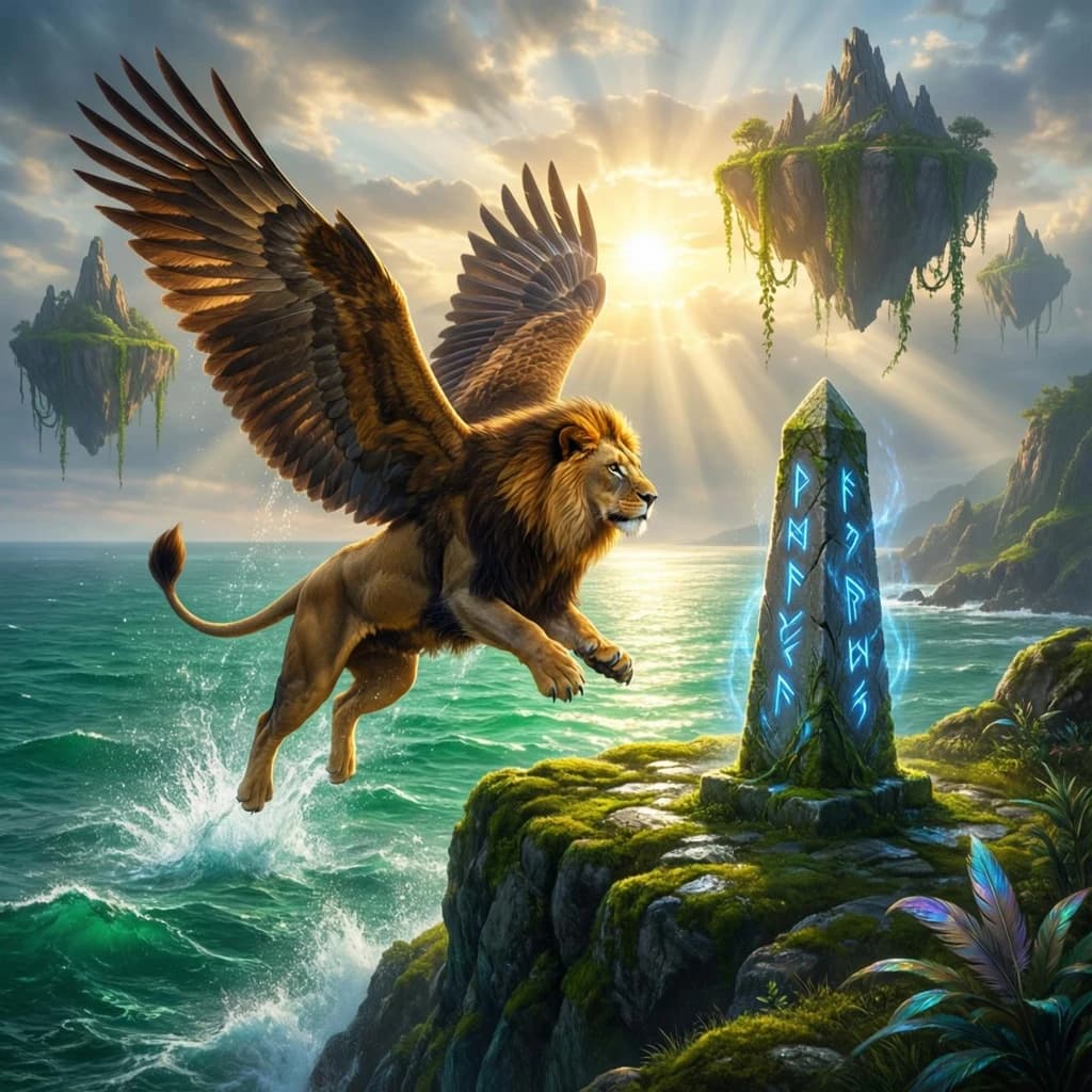 At dawn, a winged griffin lands on a mossy cliff above a jade sea beside a runed obelisk; floating isles drift under golden sunbeams, with a bit of sea spray and glowing runes.