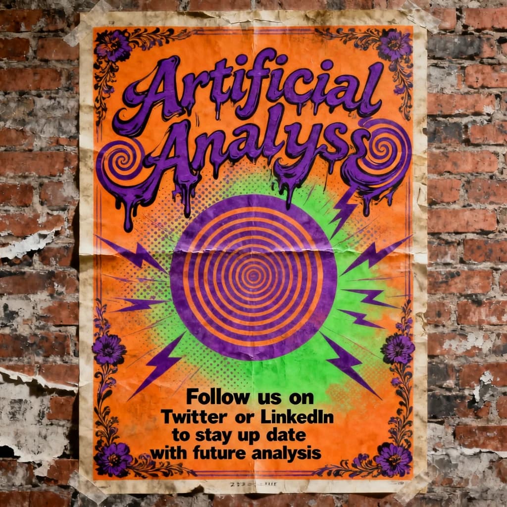 A portrait layout psychedelic concert poster from 1972 bathed in saturated oranges, deep purples, and acid greens. Swirling, hand-drawn typography arcs across the top, spelling out Artificial Analysis in bold, distorted letters that melt into spirals. Surrounded by radiating concentric circles and lightning-bolt motifs. The background is textured with halftone dots and faded paper creases, evoking a well-worn poster taped to a brick wall. Ornate floral borders frame the design, while the bottom features blocky retro lettering listing “Follow us on Twitter or LinkedIn to stay up to date with future analysis” in smaller text. 