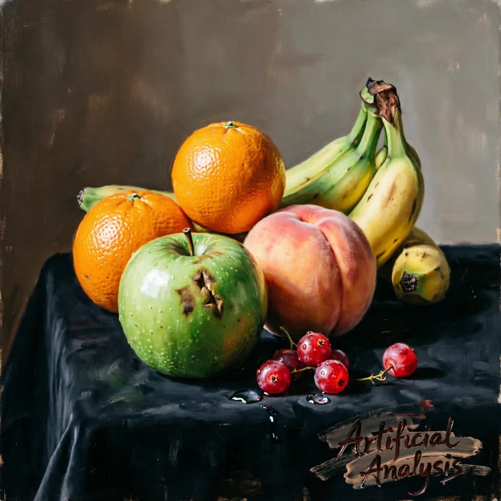 A still life scene painted oil on canvas, comprising various fruits on a black table cloth with striking lighting coming from the right out of frame, creating strong shadows. A bruised green apple is in the foreground, a peach behind it, and behind that a melange of oranges and bananas in various states of ripeness. Berries are strewn in front of the apple. The artist has signed his name "Artificial Analysis" in the bottom right corner in a hurried fashion.