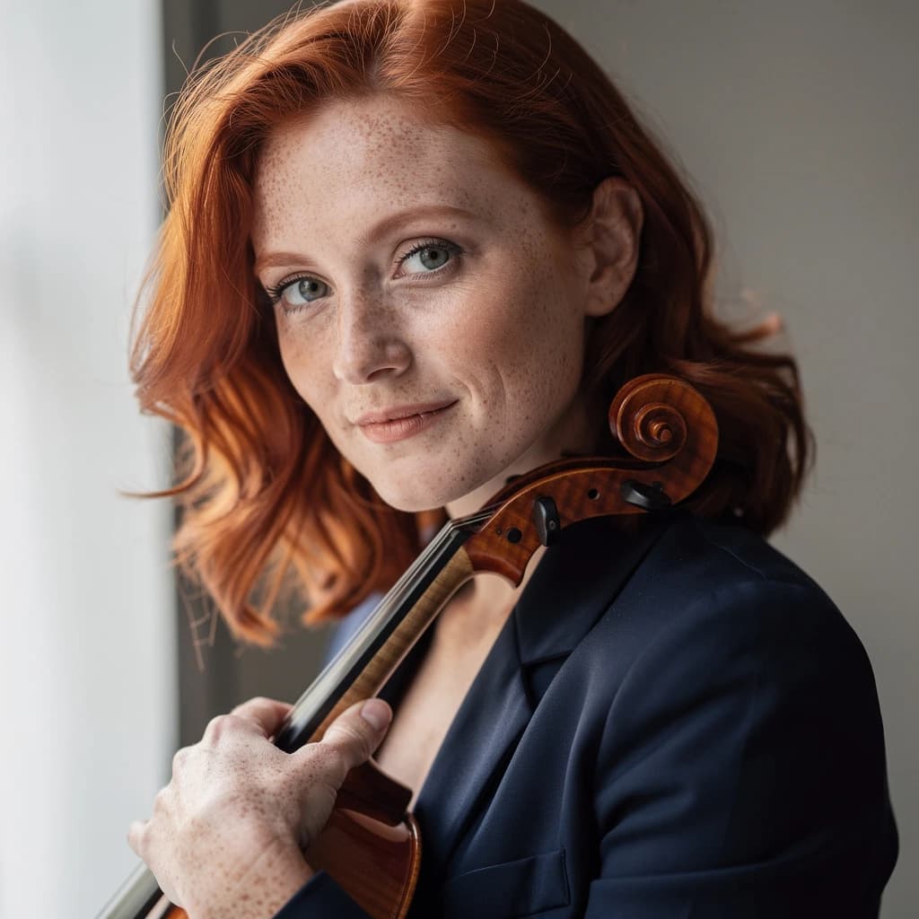 Capture a head-and-shoulders portrait of a freckled red-haired violinist in a navy blazer, soft window light, 85mm at f/1.8, gently smiling yet serious eyes, muted tones.
