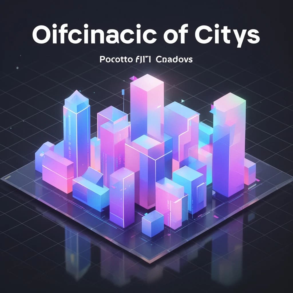 Render an isometric city poster with geometric buildings, neon gradients, gloss highlights, soft AO shadows, clean sans-serif lettering, grid layout, reflections a bit overexposed.